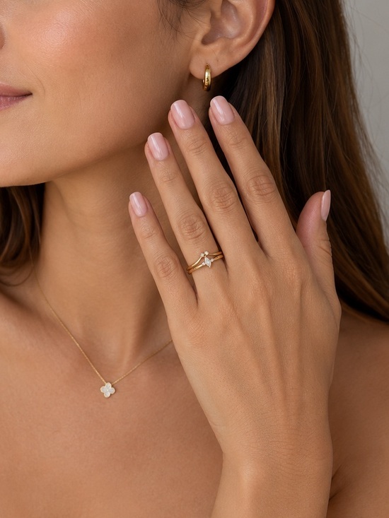 New 2pc Dainty 14k Yellow Gold Cz Rings Size 7